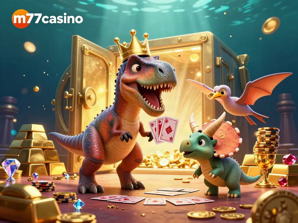 m77casino menghadirkan suasana kasino yang hidup dengan karakter lucu seperti T-Rex dan Triceratops.
