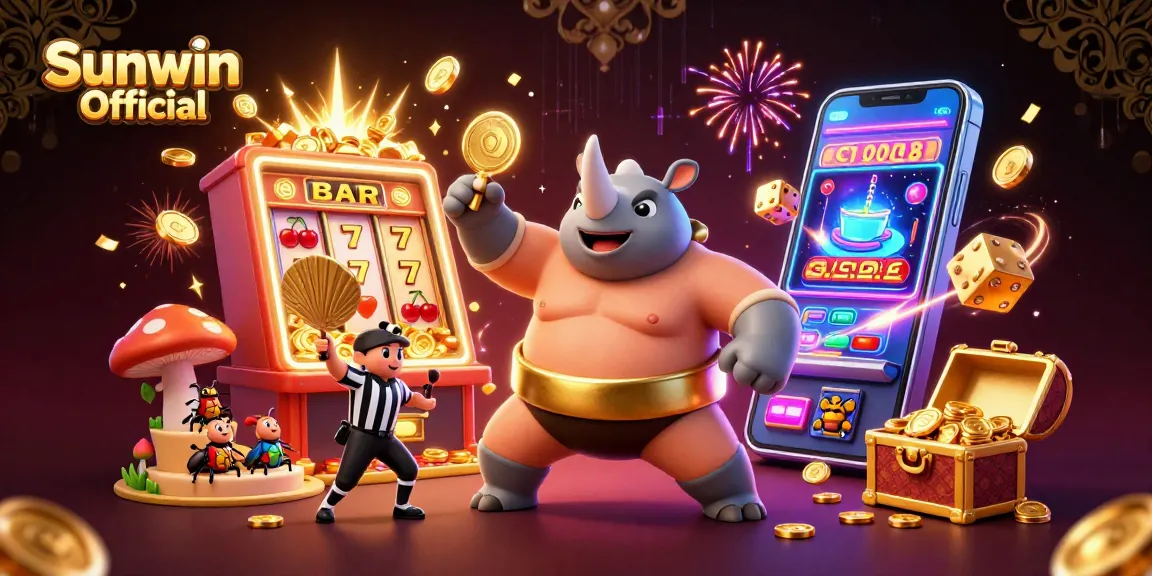 Experience thrilling gameplay at Sunwin Official with an energetic scene featuring a rhinoceros beetle sumo champion amidst casino elements.