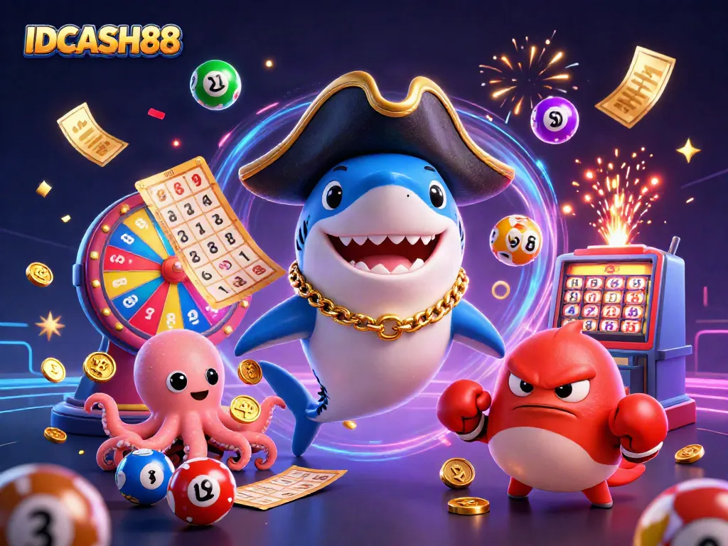 Engage with exciting games at IDCASH88, featuring vibrant lottery elements, gold coins, and festive celebration effects.