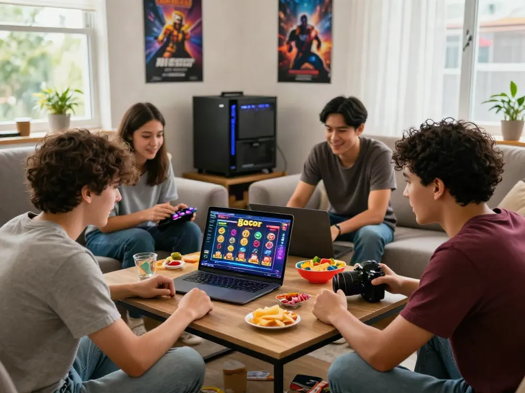 Engaging gaming experience with friends exploring slot gacor games in a cozy living room setting.