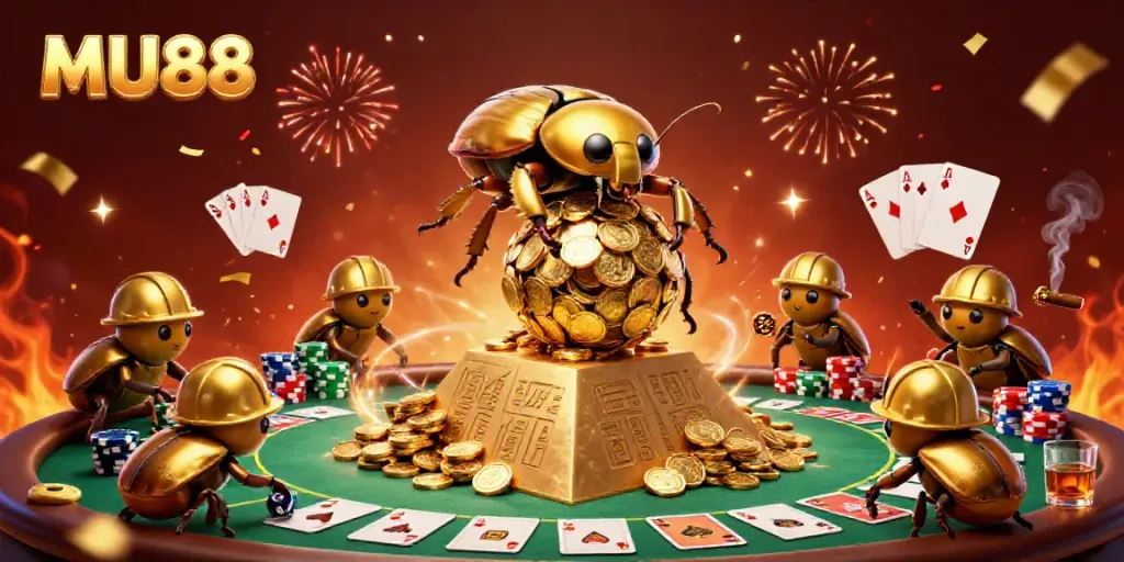 Experience the excitement of MU88 with a golden beetle in a casino-themed 3D illustration.
