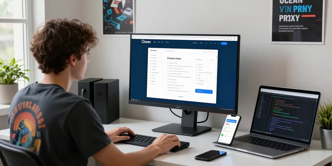 Person exploring the Ocean VPN Proxy Browser on a sleek monitor in a modern tech workspace.