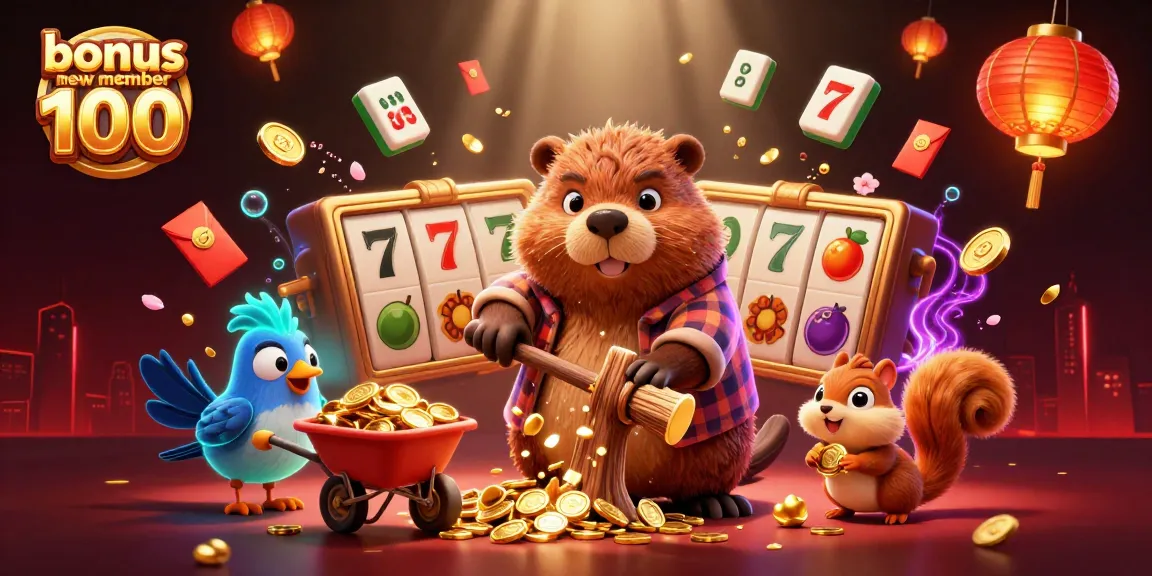 Engage with bonus new member 100 offer in a lively casino scene featuring a beaver and coins raining down.