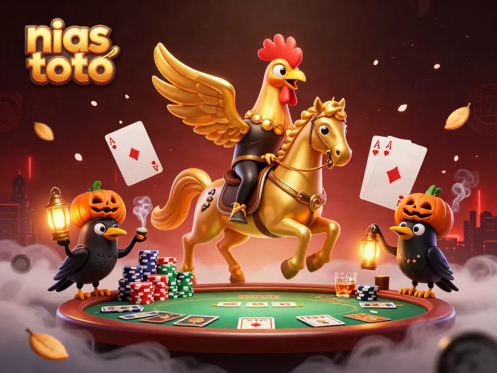 Gambarkan nias toto dalam kasino dengan ayam jantan emas dan teman-temannya, mewakili keseruan bermain.