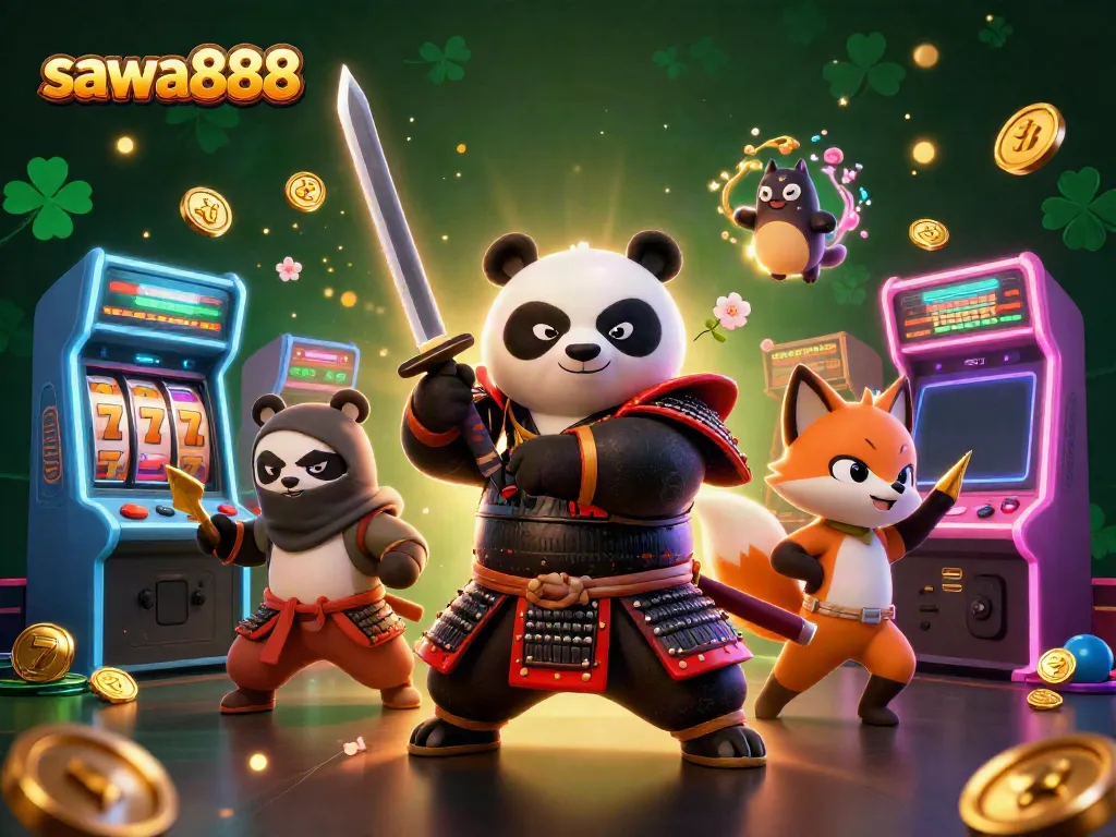 Engage in gaming excitement with sawa888, featuring dynamic samurai panda, ninja fox, and magical tanuki
