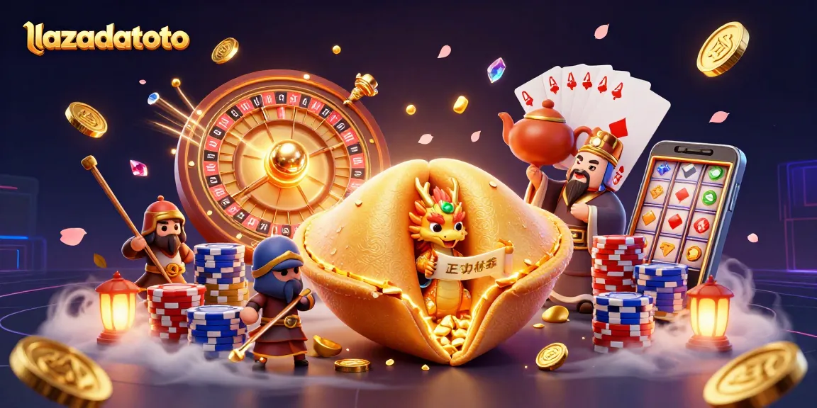 Lazadatoto offers a fun gaming atmosphere with a giant golden fortune cookie, wise dragon, and jackpot symbols.