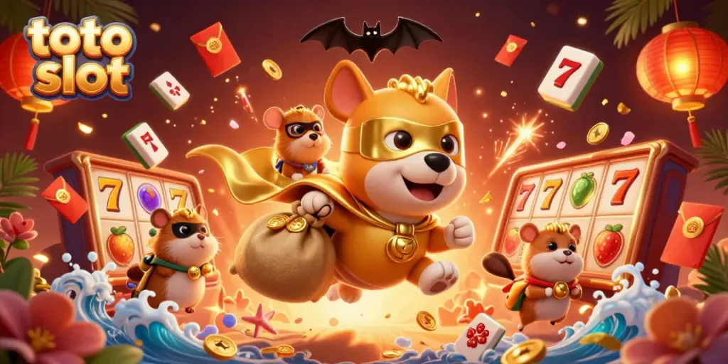 Engage with the thrilling world of toto slot as our superhero dog flies through an exciting casino landscape.