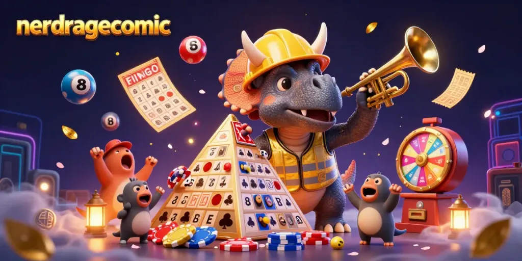 Triceratops membangun tumpukan chip poker dalam ilustrasi nerdragecomic yang penuh warna dan detail.