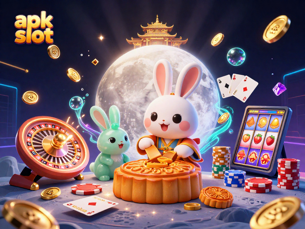 Game apk slot menampilkan kelinci bulan dan simbol keberuntungan di latar belakang kasino yang cerah.