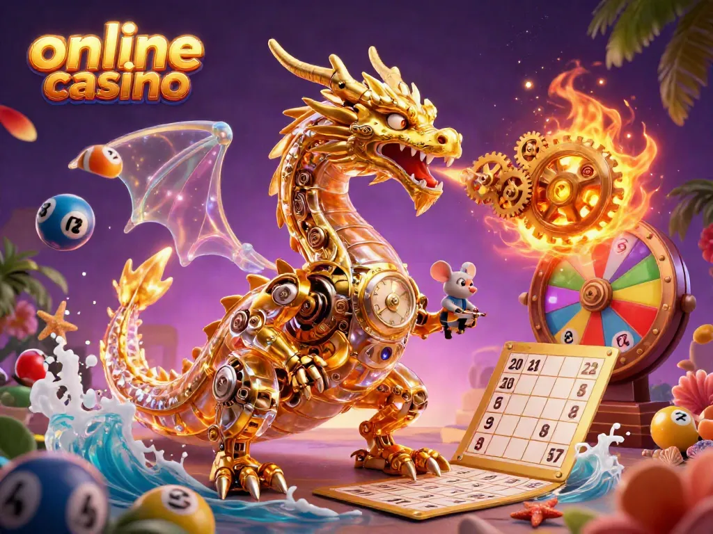 Engage with the vibrant online casino scene featuring a golden dragon and dynamic game elements.