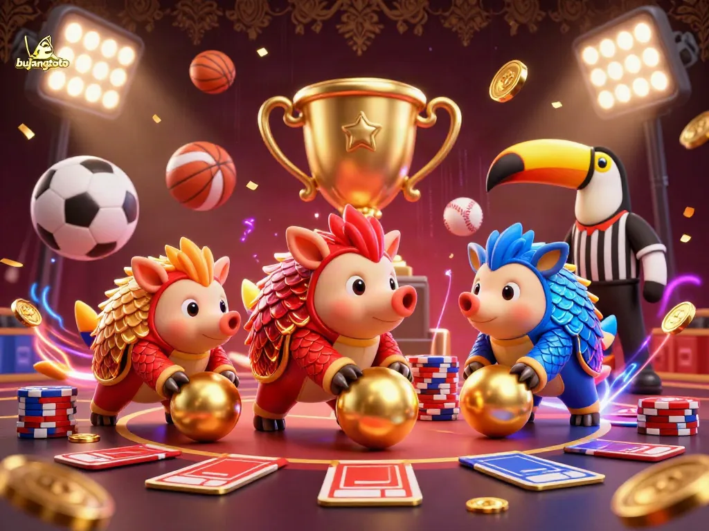 Bowling pangolins in armor with poker chips and sports balls, representing bujangtoto gaming excitement.