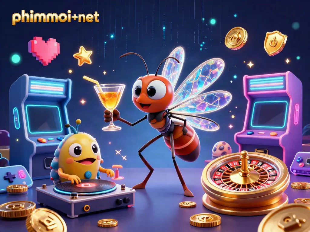 Engage with phimmoi+net's vibrant casino scene featuring a unique frozen-in-amber mascot and dynamic characters.