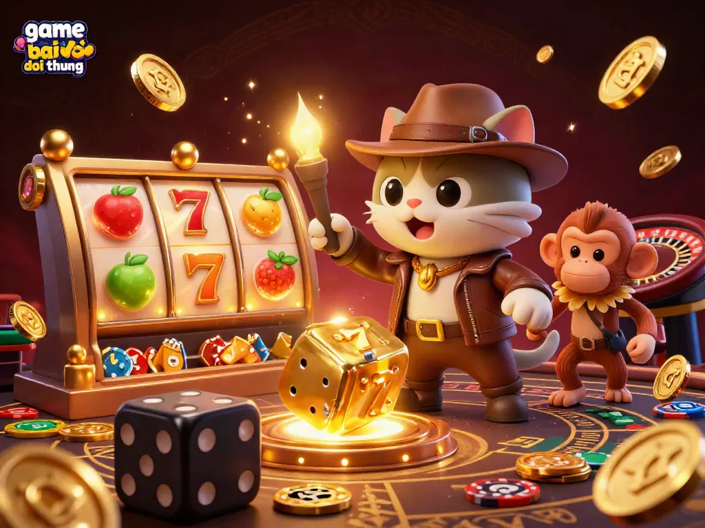 Engage in the excitement of game bai doi thuong with a 3D cat explorer discovering golden artifacts and casino treasures.