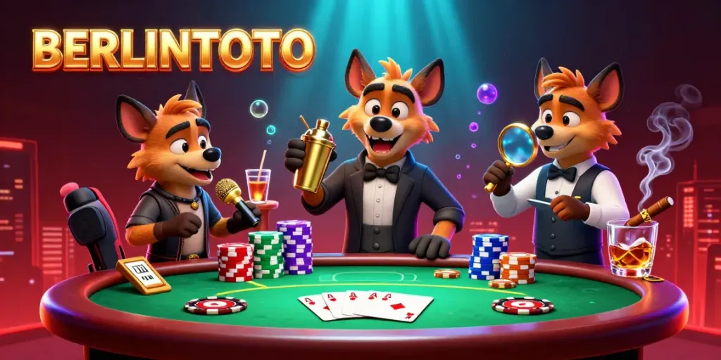 Join the fun at BERLINTOTO casino with hyenas in an exciting 3D cartoon scene featuring comedy, drinks, and poker action.