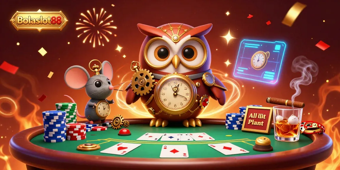 Bolaslot88 showcases a vibrant casino scene with cartoon characters, poker elements, and celebratory effects.
