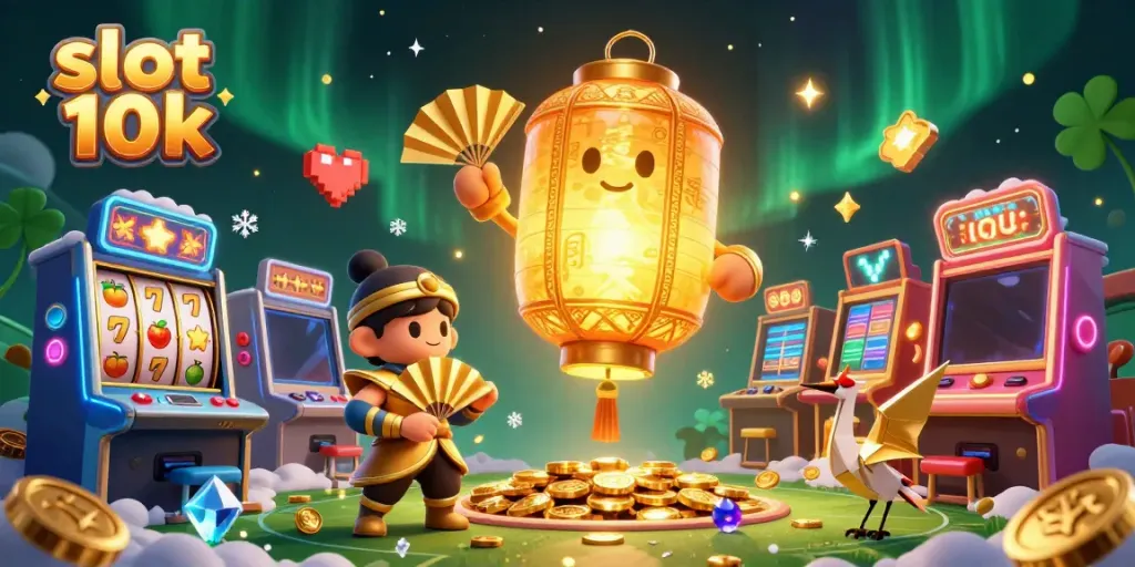 Menangkan permainan slot 10k dengan suasana kasino malam yang penuh keberuntungan dan semarak di latar.