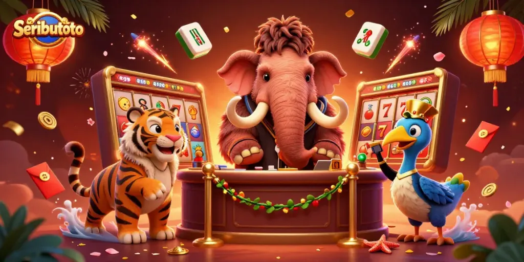Join Seributoto's vibrant casino adventure featuring a woolly mammoth bouncer checking IDs.