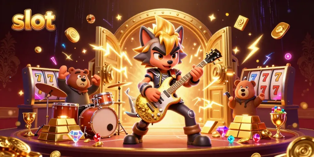 Engage in thrilling slot action with vibrant animated casino scene featuring rock star wolf and drummer bear.