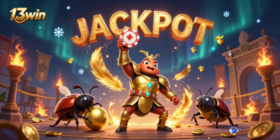 Experience the thrill of 13win's captivating casino scene featuring a victorious beetle hero.