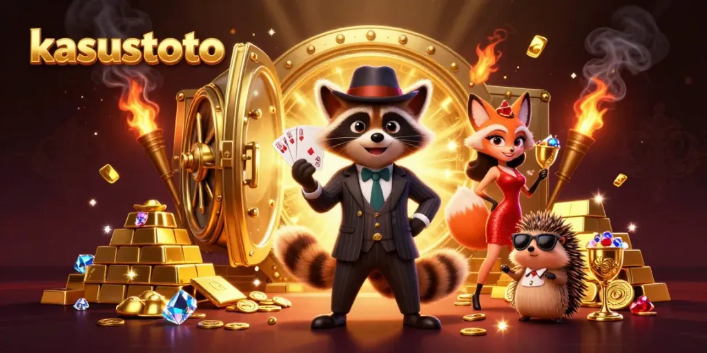 Kasustoto menghibur dengan ilustrasi 3D ceria, menggambarkan suasana permainan slot yang mengasyikkan.