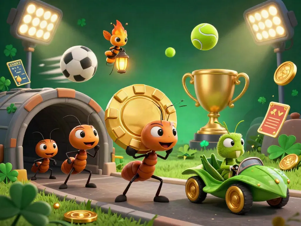LUCUBET showcases a dynamic scene with cartoon ants heisting a giant poker chip amid vibrant gambling elements.