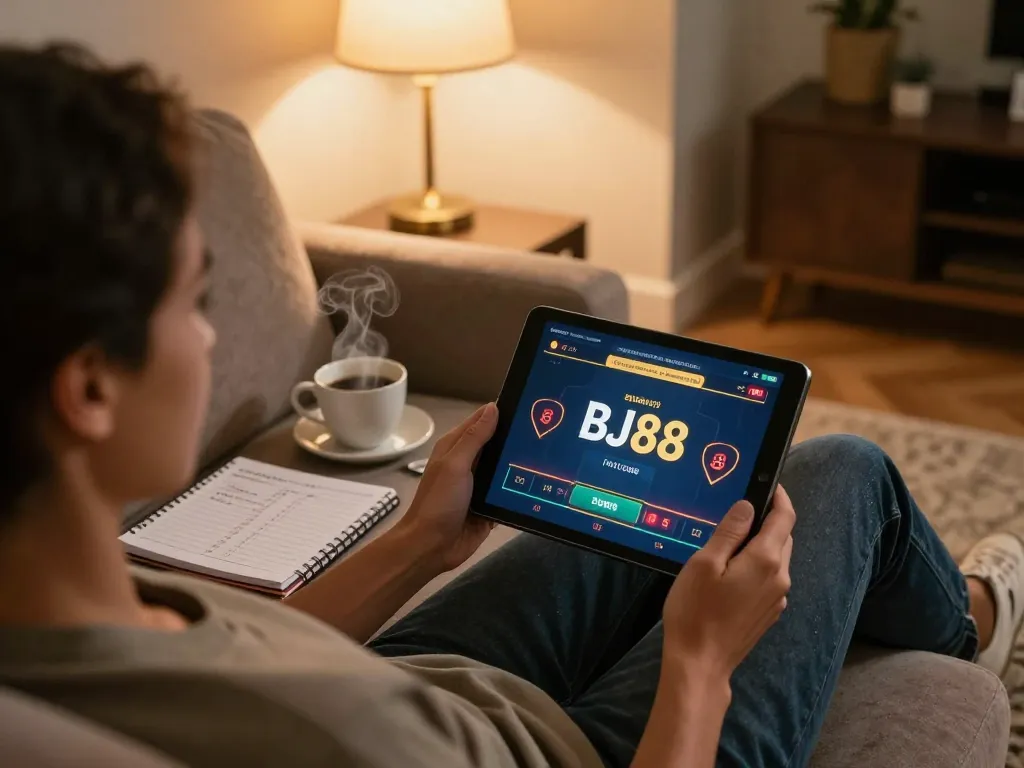 Engaging in online blackjack gaming on BJ88, showcasing strategic focus in a cozy home setting.