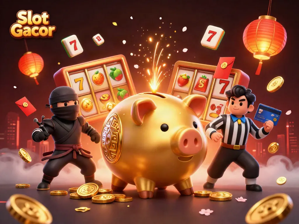 Slot Gacor menampilkan karakter kartu dan slot dalam ilustrasi kasino yang meriah.