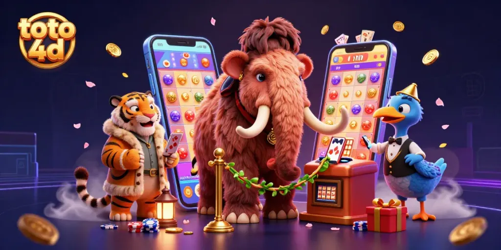 Toto 4D menampilkan karakter menarik dalam ilustrasi kasino 3D dengan bouncer, VIP, dan doorman.