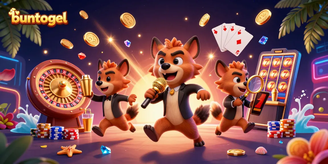 Experience thrilling moments with Buntogel in a vibrant casino scene featuring playful hyena characters.