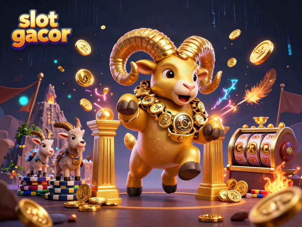 Play slot gacor with thrilling visuals of a golden ram charging through a vibrant casino scene.