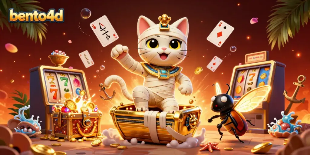 Experience the thrill of bento4d with a vibrant casino scene featuring a mummy cat and treasures.