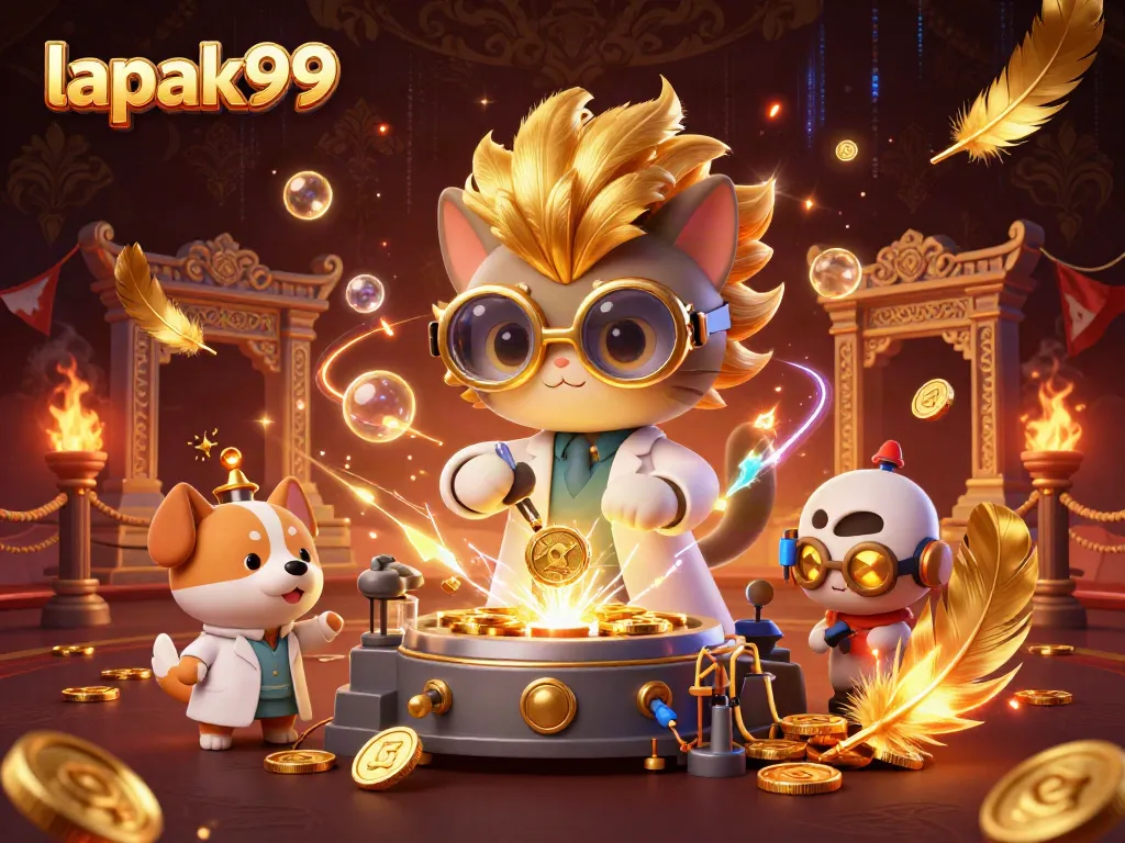 Experience the thrill of lapak99 with dynamic casino elements featuring a mad scientist cat creating winning chances.