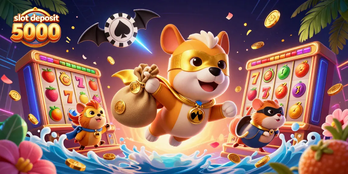 Engage with slot deposit 5000 as a superhero dog collects gold coins in a vibrant casino setting.