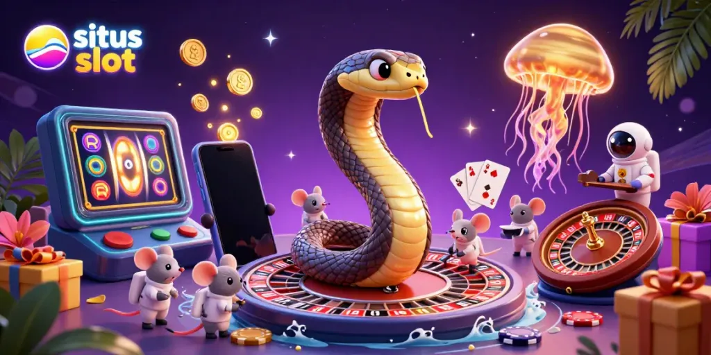 Situs slot themed 3D cartoon illustration with a coiled snake roulette, astronaut mice placing bets, and a golden jellyfish dealer.
