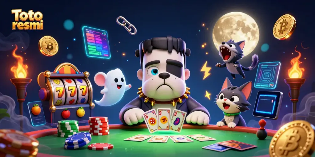 Engage with immersive gaming at Toto resmi, featuring a spooky scene with a bulldog monster, slots, and crypto coins.