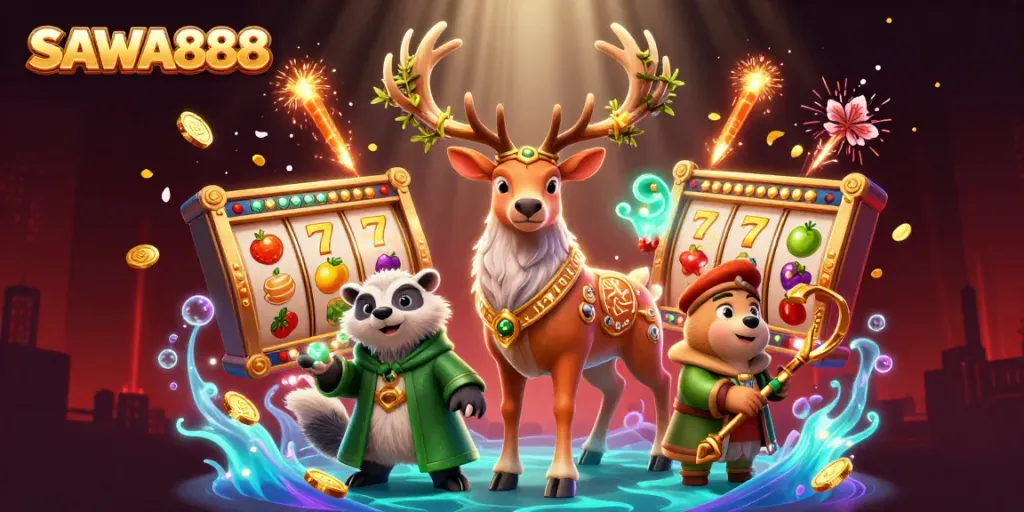 Engage with SAWA888's vibrant casino theme featuring a druid stag and wise badger amidst spinning slot reels and gold coins.