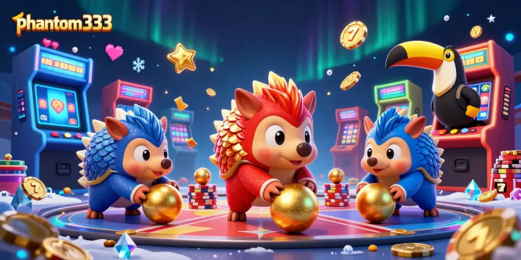 Engage in thrilling casino action with phantom333 as rival pangolins roll golden balls amidst poker chips.