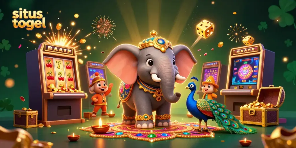 Experience winning thrills on situs togel with vibrant casino elements featuring a lucky elephant and peacock.