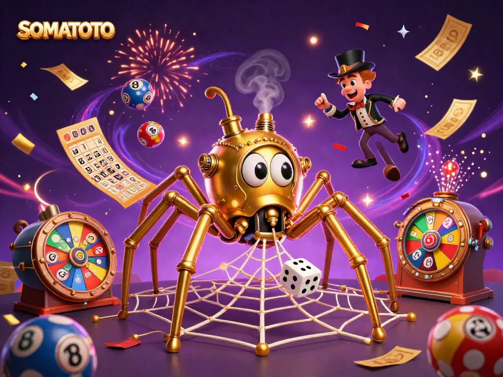 Experience thrilling gameplay with SOMATOTO as vibrant lottery elements and a steampunk spider create a lively scene.