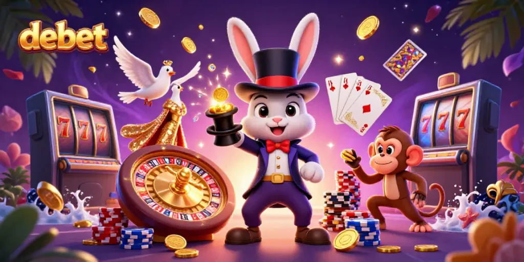 Experience debet gaming excitement with fun characters amidst colorful casino elements.