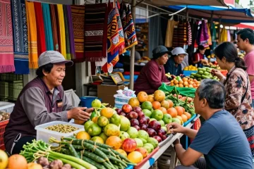 Pasar lokal di Sakarya dengan aktivitas Leci123, pedagang menawarkan buah dan sayur segar.